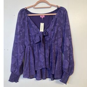 NWT Francescas Mi Ami Purple Floral Burnout Peplum Tie Front Blouse Long Sleeve